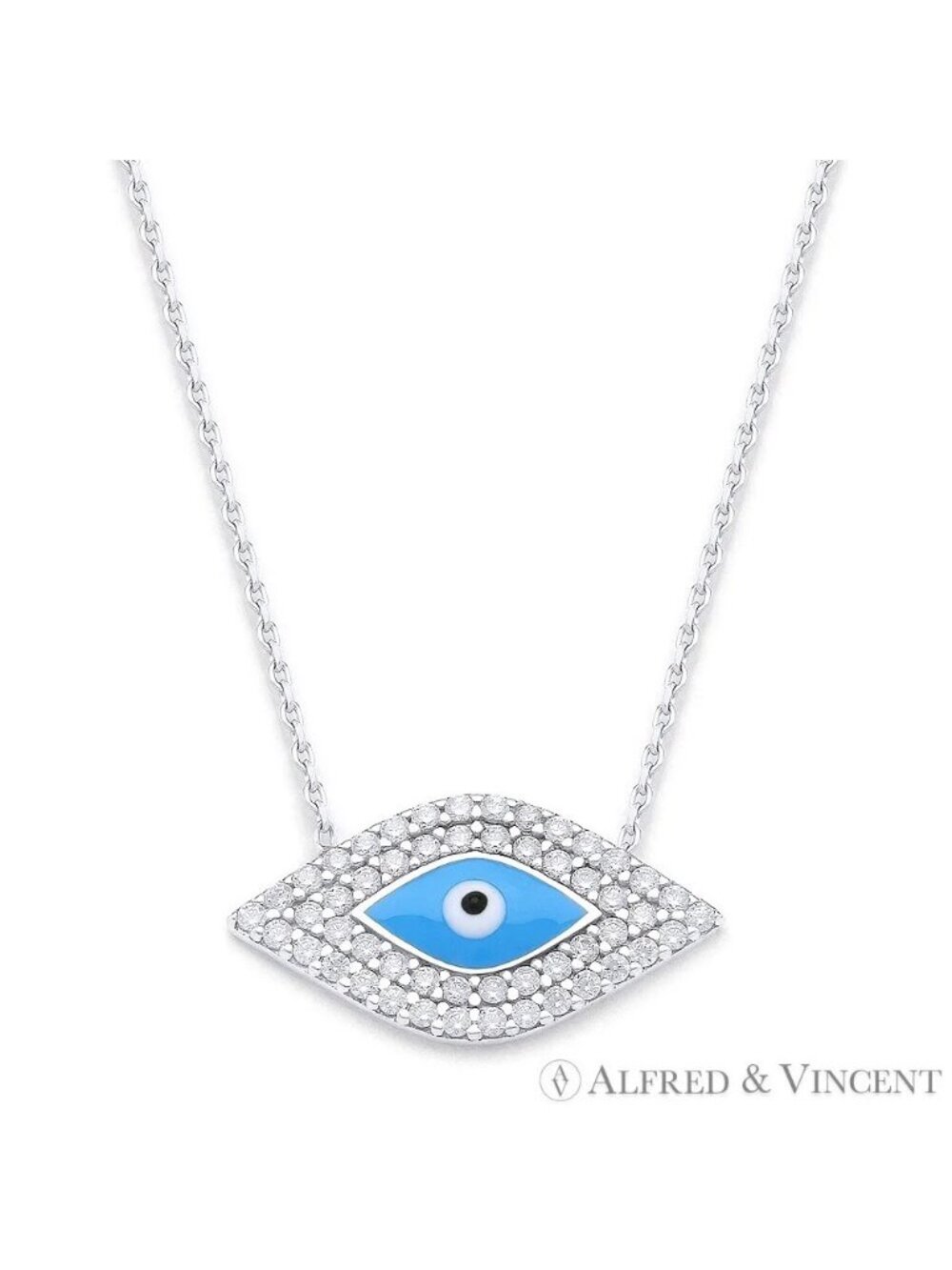 Evil Eye Bead Charm Necklace w/ CZ Crystals in .925 Sterling Silver w/ Rhodium